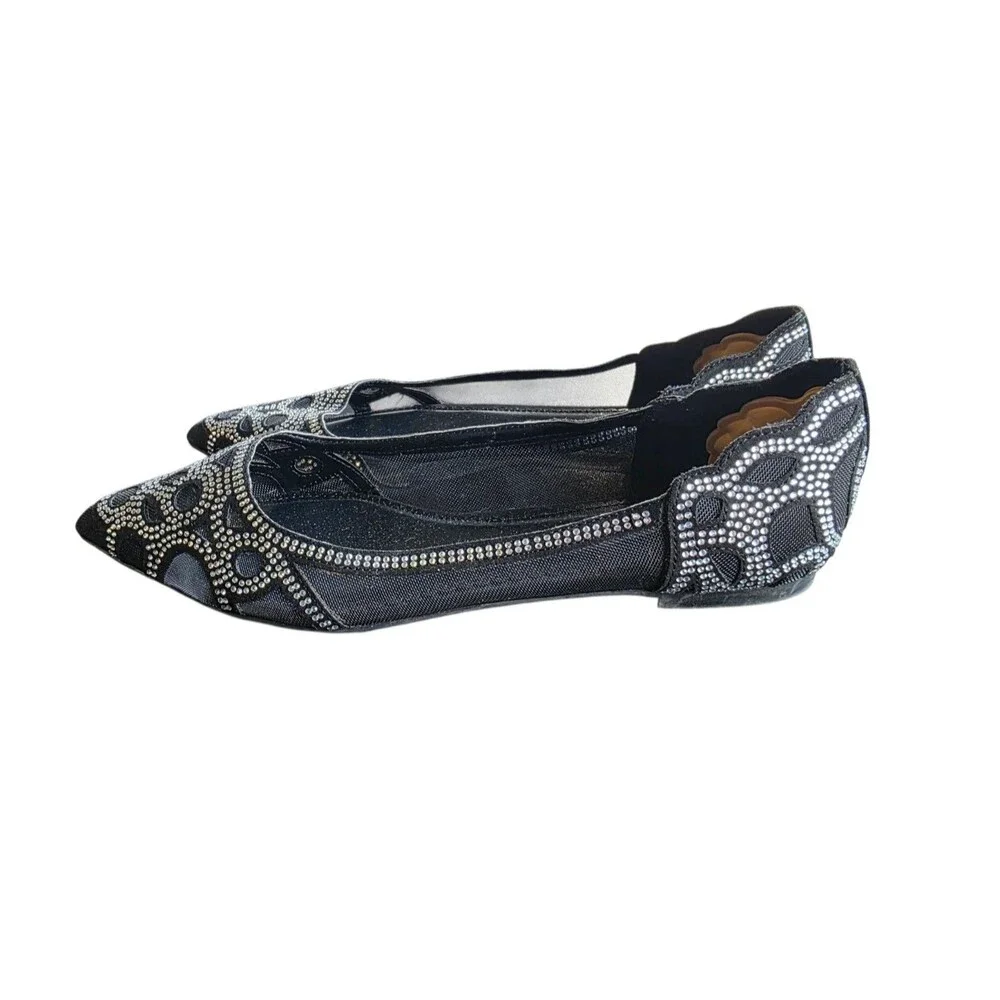 Title:Women's Black Rhinestone Pointed Toe Ballet Flats 8.5 Sparkly Slip-On